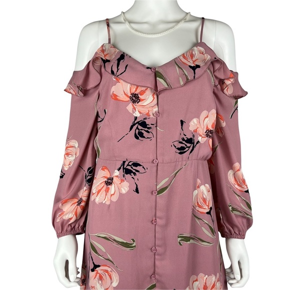 love, fire Women’s Mauve Floral Button‎ Down Cold Shoulder Dress - Size: M - Picture 2 of 8